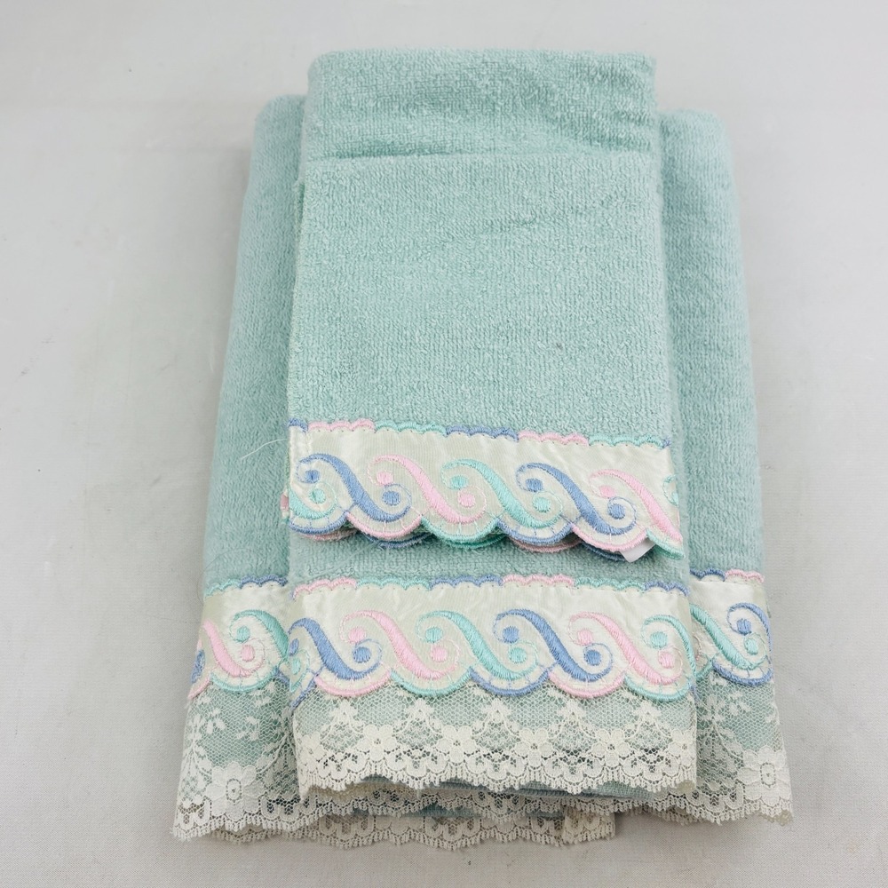 Vtg Cannon Towel Set Bath Hand Washcloth Green Pastel Scroll Scalloped Lace Trim